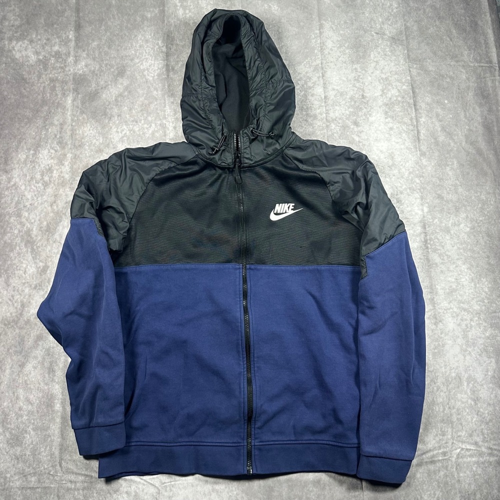 Nike Mens Hybrid Full Zip Hoodie L Windrunner Fleece Jacket Navy Black Geometric
